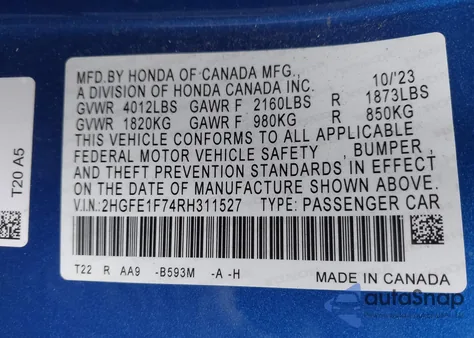 2024 Honda Civic Ex z USA, uszkodzony, nr VIN 2HGFE1F74RH311527